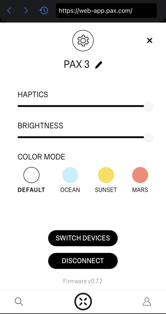 Pax 3 iOS APP Settings